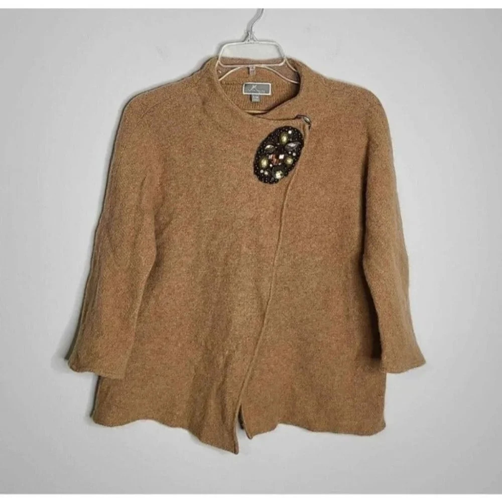 JM Collection 100% Wool Brown Womens Jewel Embellished Snap Closure Sweater P/M